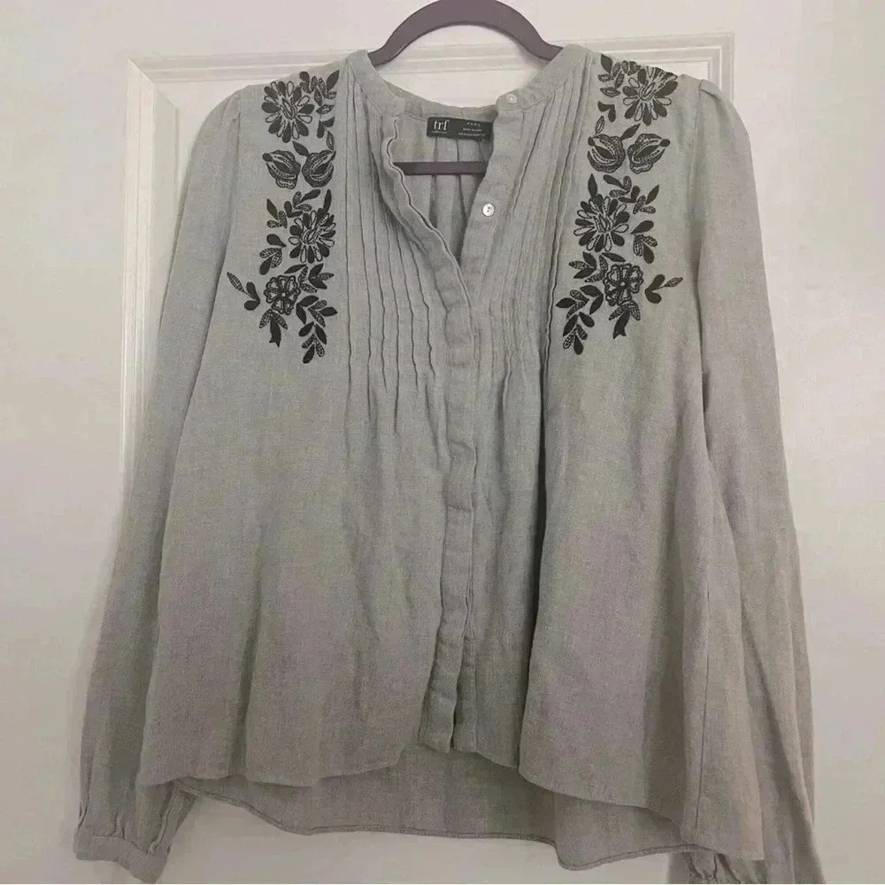 Zara Light Gray Blouse with Black Floral Embroidery